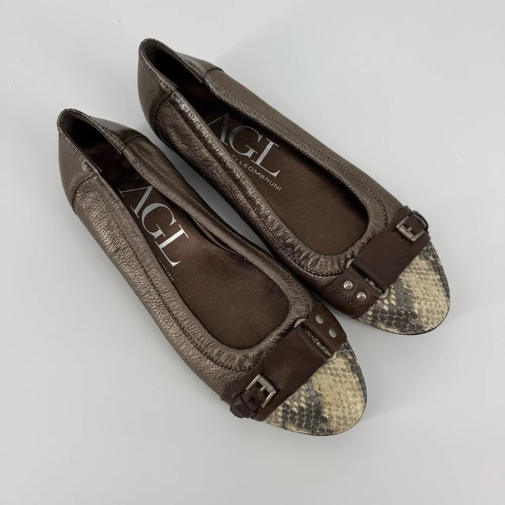 AGL Attilio‎ Giusti Leombruni Womens Bronze Leather Flats Snakeskin Cap Toe 37